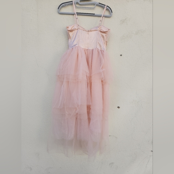 Ballet Pink Satin Corset Bustier Coquette Tiered Tulle Midi Dress - Picture 4 of 8